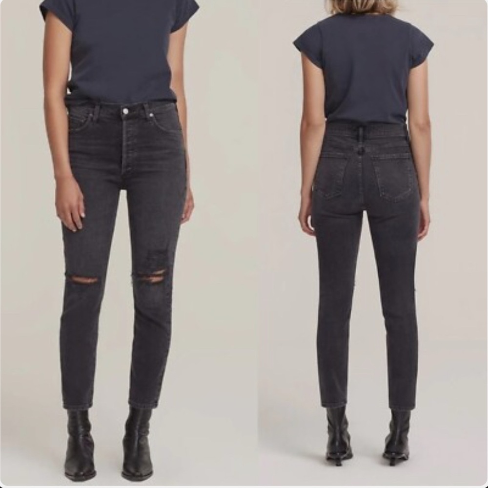 Agolde Nico High Waisted Cassette Distressed Button Fly Black Jeans Size 27 - Picture 2 of 9